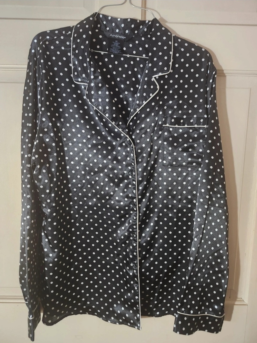 Ambrielle Black and White Polka Dot Satin Pajama Top